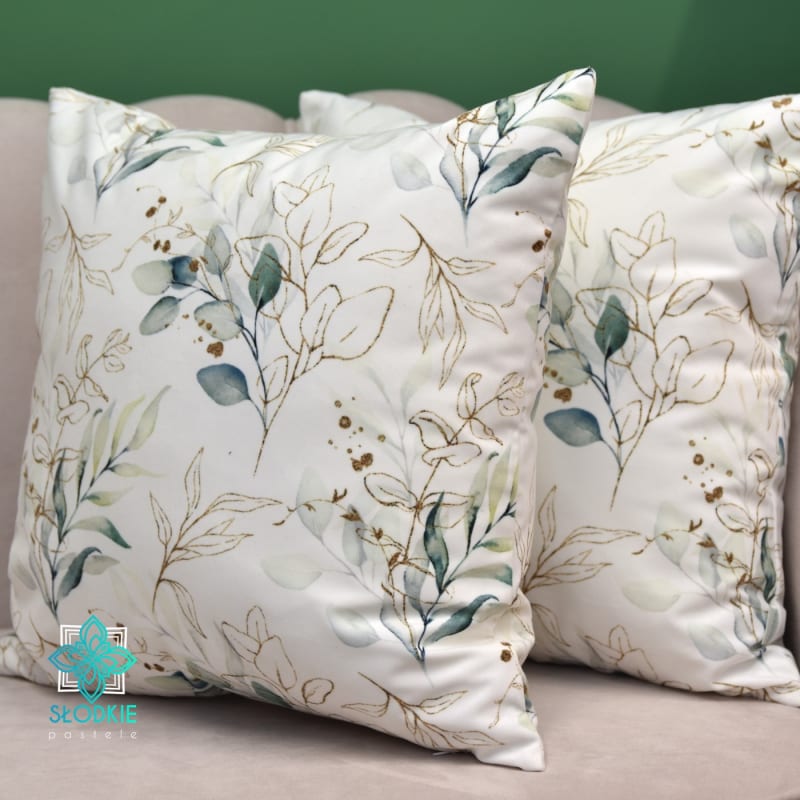 Decorative square pillowcase with gold and green leaves