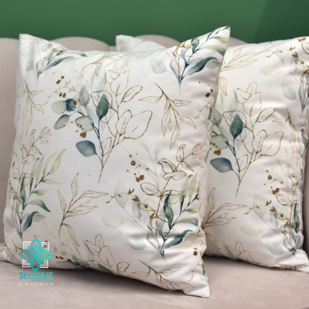 Decorative square pillowcase with gold and green leaves